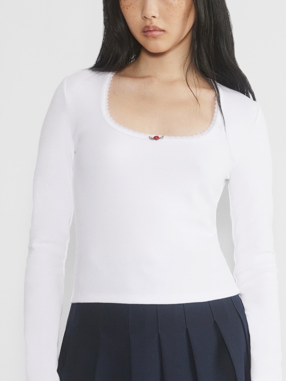 Sunday Best BestHug White Scoop Neck Long Sleeve Top with Lace and Rose Accent